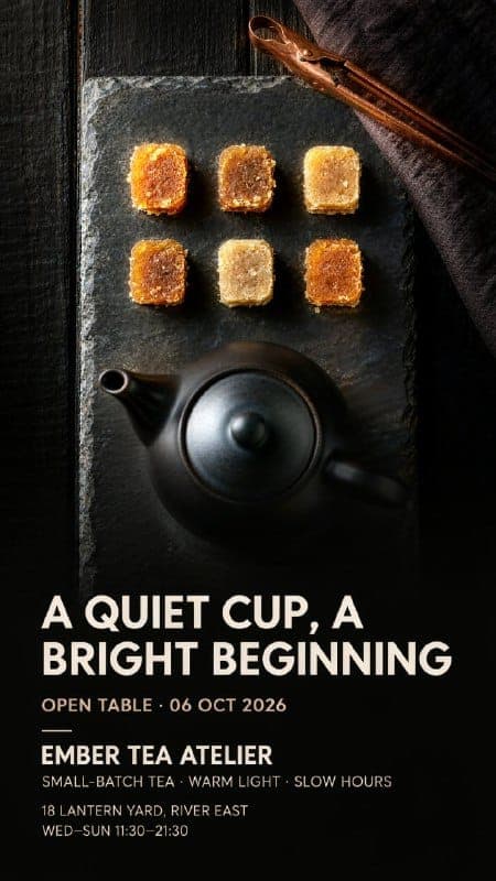 The image presents a still life composition featuring a black teapot and a dark gray or black slate plate. The slate plate is arranged with six small, square-shaped pieces of amber-colored sugar, arranged in two rows of three. A pair of tongs rests on the right side of the slate plate. The background is a dark, possibl
