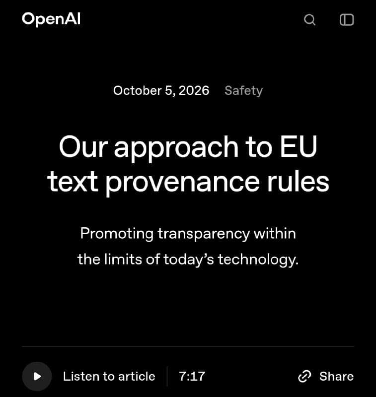 The image presents a screenshot of a webpage from the OpenAI project. The webpage is set against a black background and features a white header that reads "OpenAI". Below the header, the text "October 5, 2026" is displayed, followed by the phrase "Safety". The main content of the webpage is a white text box that reads