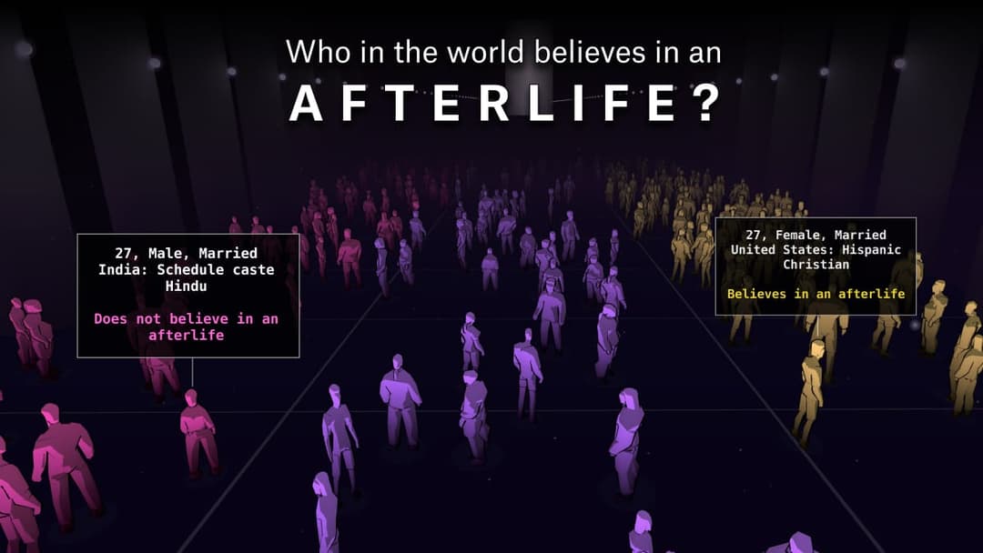 The image presents a digital illustration of a group of people, each with a unique color and a label indicating their beliefs in an afterlife. The people are arranged in a grid-like pattern, with some standing in the foreground and others in the background. The background is a dark, possibly black, color. The figures a