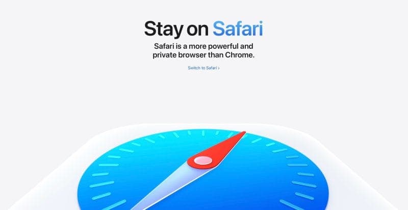 The image presents a digital advertisement for Safari, a web browser. The background is a clean white, providing a stark contrast to the vibrant blue and red colors of the Safari logo. The logo is centrally positioned and prominently displayed. The text "Stay on Safari" is written in a bold, black font, while the phras