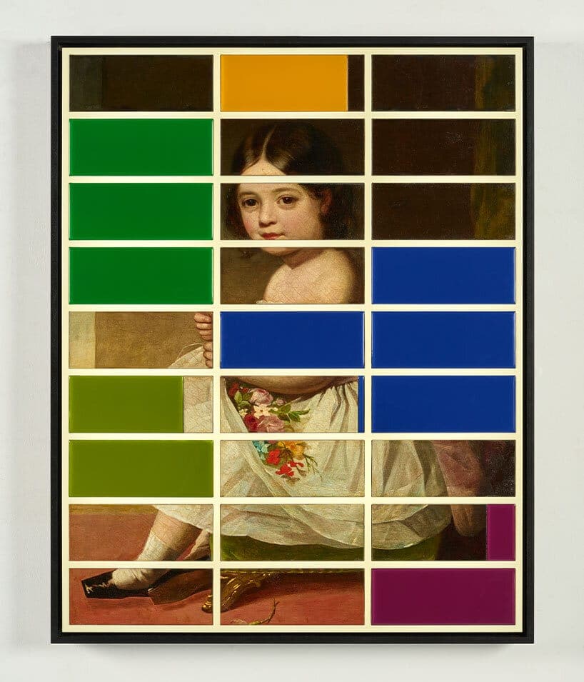 The image presents a vibrant and colorful collage, framed in a black frame. The collage is composed of rectangular tiles, each filled with a different color, arranged in a grid pattern. The tiles are predominantly shades of green, blue, and purple, with a few hints of other colors. The central focus of the collage is a