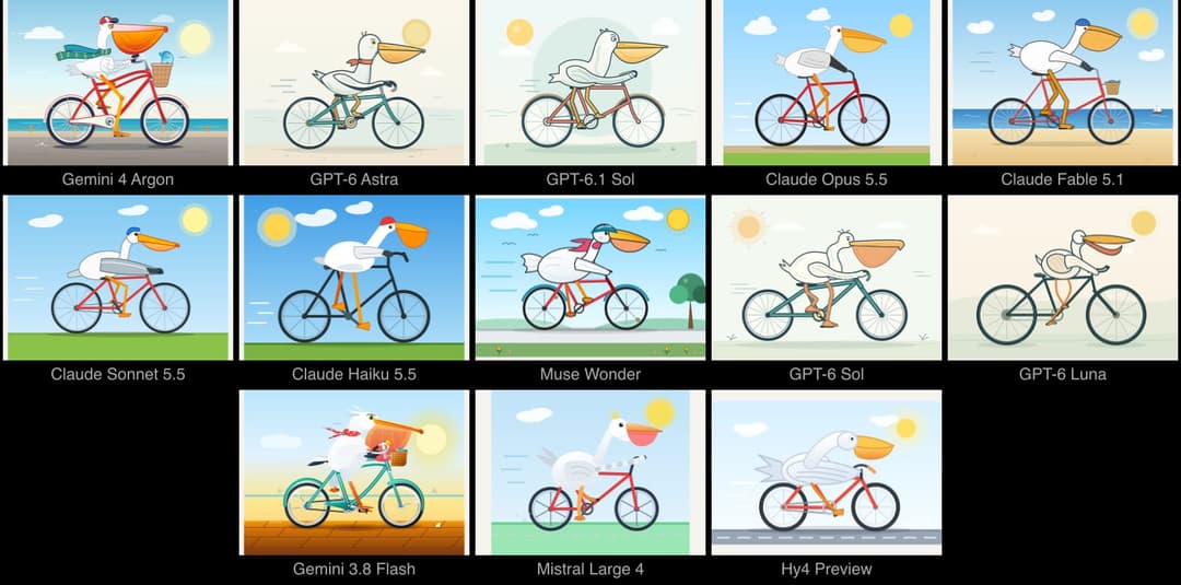 The image presents a collection of nine distinct illustrations, each featuring a pelican riding a bicycle. The pelicans are depicted in various poses and colors, with some wearing hats. The illustrations are arranged in a 3x3 grid, with the first row showcasing the illustrations of the Gemini 4 Argon, the GPT-6 Astra,