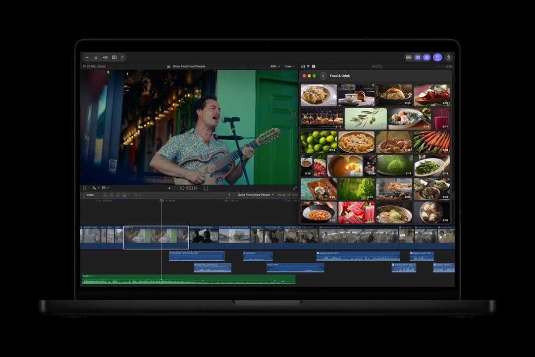 A MacBook Pro displays a video editing app with the project "Good Food Good People" open, showing a man singing and playing a guitar in front of a green door, plus a "Food & Drink" clip browser with food thumbnails.