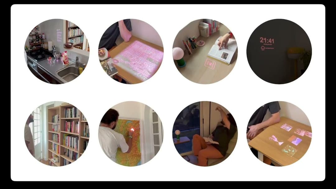 The image presents a collage of eight circular images, each capturing a different moment in a room. The first image shows a kitchen with a sink and stove, and a person is standing near a window. The second image shows a person sitting at a table, possibly working on a project, with a pink and white map projected onto a