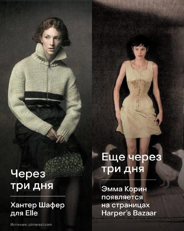 A split-screen collage shows a seated woman in a knit sweater and dark skirt on the left, and a woman in a beige corset dress with geese on the right. Russian captions read "Через три дня" ("Three days later") with a name for Elle, and "Еще через три дня" ("Three more days later") with a name for Harper's Bazaar, and t