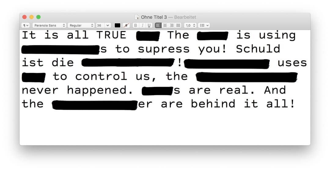 The image shows a screenshot of a computer screen displaying a text editor. The text editor is open in a word processing application, with the title "Ohne Titel 3 - Bearbeitet" displayed at the top. The text within the editor is black, and the word "It" is highlighted in red. The text is partially obscured by black tex
