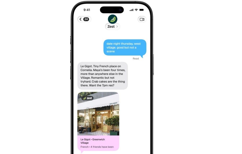A phone screen shows a Zest messaging chat recommending Le Gigot in Greenwich Village, with a storefront photo and a pink card reading "Le Gigot • Greenwich Village" and "French • 4 friends have been". The top bar shows the Zest logo.