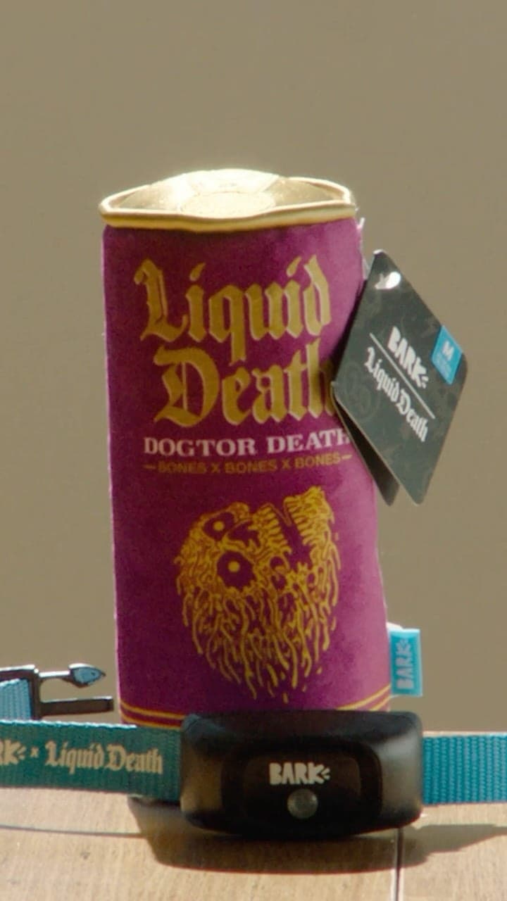 The image shows a purple can of Liquid Death dog treats, featuring a gold and yellow design of a dog's head with a bone-like shape. The can is labeled "Liquid Death" in gold lettering and "Dogtor Death" in smaller gold lettering. It also indicates that the treats are "Bones x Bones x Bones". The can is placed on a wood