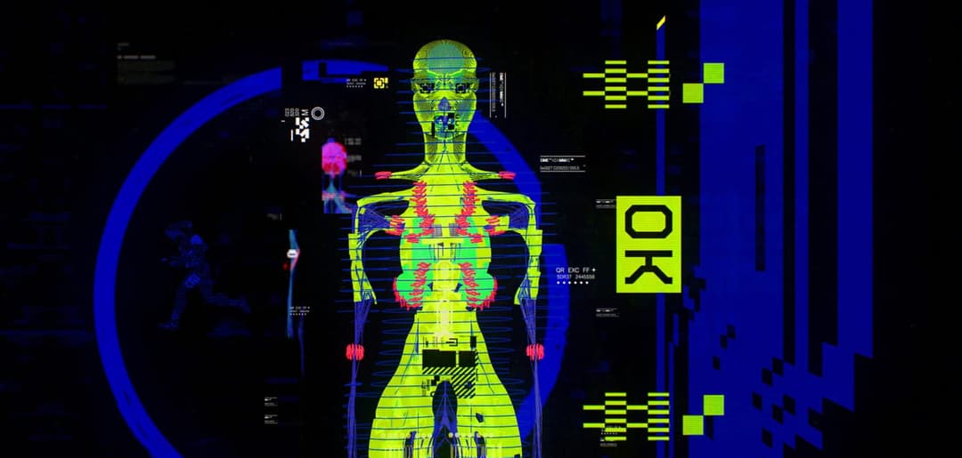 The image presents a digital rendering of a human body, rendered in a vibrant mix of green and yellow, with a blue background. The body is positioned centrally and is the focal point of the image. The body is depicted in a human-like form, with a head, arms, and legs. The body is also shown in a 3D model, with a skelet
