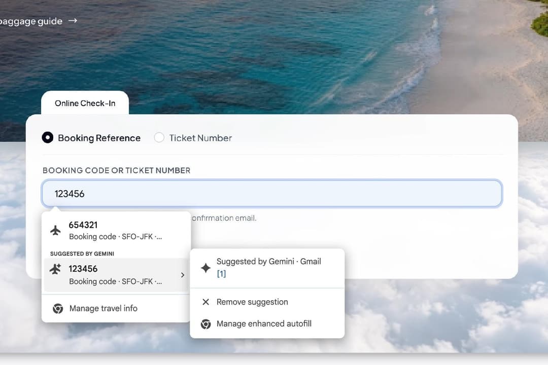 A browser autofill dropdown appears over an airline online check-in form with a beach and clouds behind it. The form reads "Booking Reference" and "Ticket Number" and shows the entry "123456". The menu includes "Suggested by Gemini · Gmail", "Remove suggestion", "Manage travel info", and "Manage enhanced autofill".