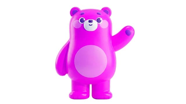 The image presents a 3D rendering of a pink teddy bear standing upright on its hind legs. The teddy bear has a friendly expression with large, round eyes and a small, curved line for a smile. It has a white belly and a pink paw. The teddy bear is waving its right arm, which is also pink. The background is a stark black
