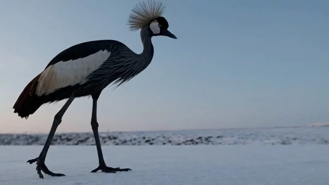 A crowned crane with a golden spiky crest and a white cheek patch walks across a flat, snowy landscape under a pale blue sky. No text is visible.