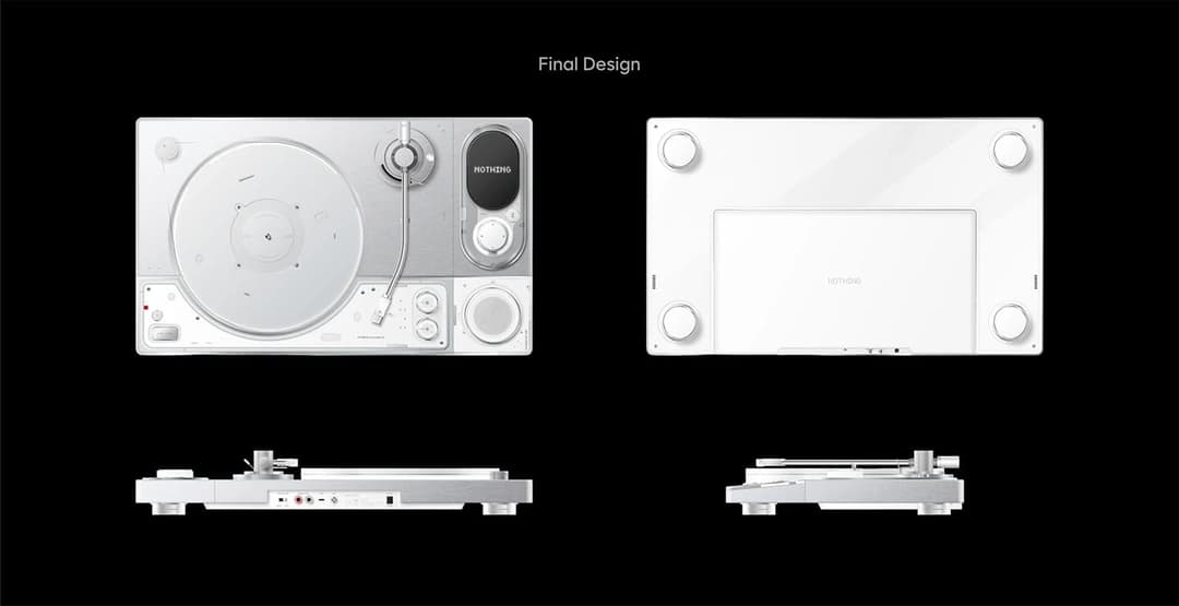 The image presents a 3D rendering of a white DJ turntable, captured from two different angles. The left side shows the turntable from a front perspective, revealing its circular surface and a control panel with buttons and knobs. The right side provides a back view, showcasing the turntable's rectangular base and a sma