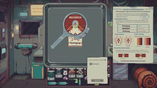 A pixel-art game screenshot of the "Hemingway Cigarette Authenticity Handbook" from the Station Trade Commission. A magnifier shows a cigarette pack labeled "Hemingway," and a "Counterfeit Check" panel reads "Genuine" with a "Confirm" button.