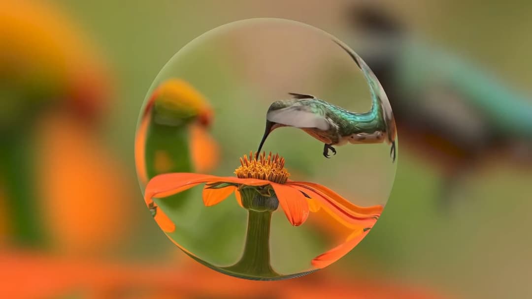 A green-and-white hummingbird hovers beside an orange flower with a yellow center, seen through a circular, glass-like sphere that magnifies and distorts the scene, against a blurred green and orange background. No visible text, brand, or UI elements are present.