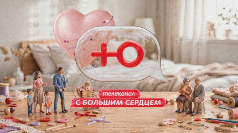 The image depicts a family of five, including a mother, father, and two daughters, gathered around a wooden table in a cozy living room. The mother is holding a string attached to a heart-shaped balloon, which is floating above the family. The father is holding a string attached to a small wooden crate containing a stu