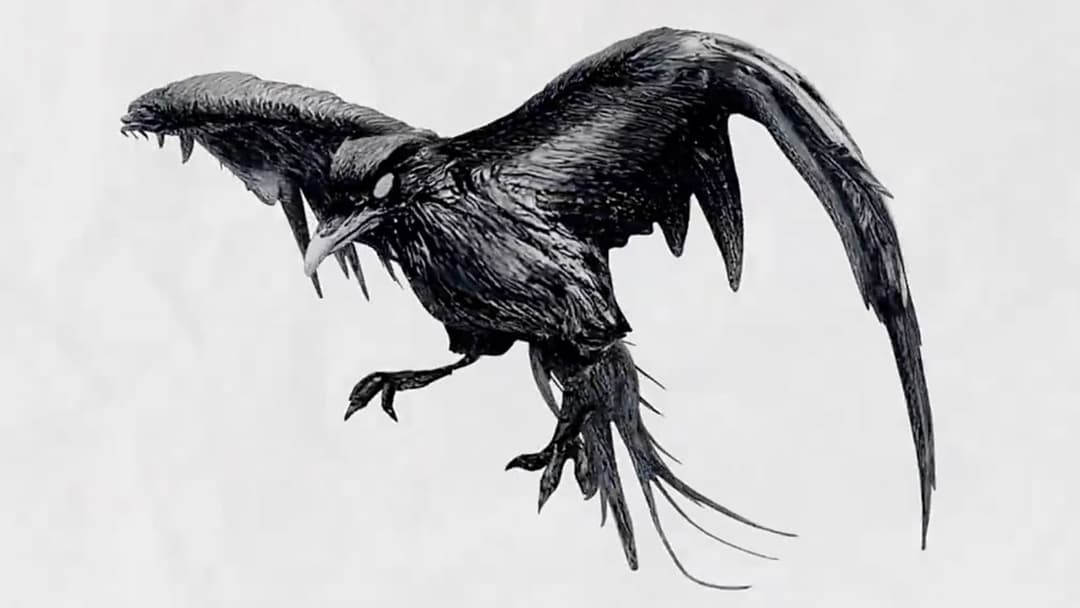 A black-and-white image of a dark, crow-like bird in flight with spread wings and claws extended, on a light grey background. No visible text.