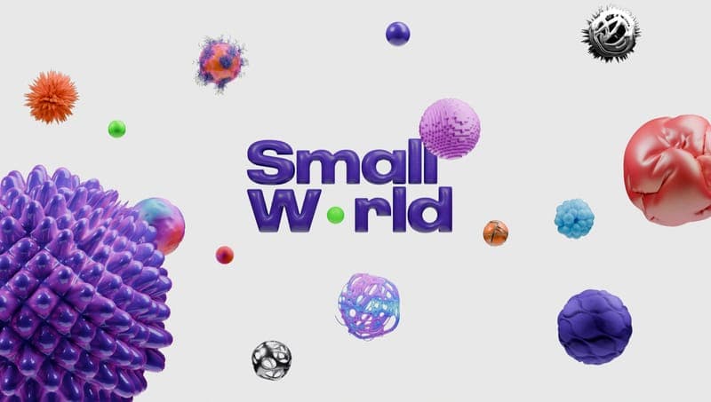 The image presents a vibrant scene dominated by the text "Small World" in a striking purple color. The words are positioned centrally, drawing the viewer's attention. The background is a stark white, providing a strong contrast to the colorful elements scattered around. The elements include a variety of shapes, includi