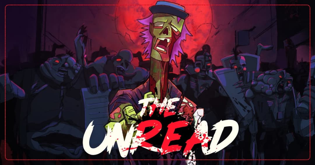 The image depicts a zombie-like figure with a purple wig and a blue hat, standing in the center of a group of zombie-like figures. The figure is holding a piece of paper, and its mouth is open in a scream. The background is a dark, possibly nighttime, urban setting with a large, red, circular object, possibly a moon, i