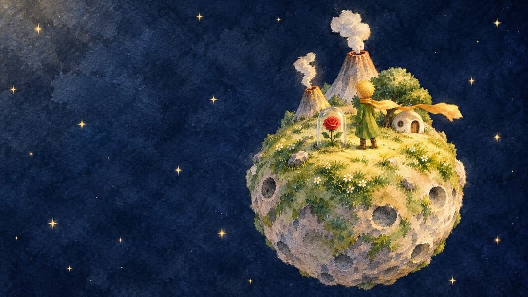 The image depicts a young boy with blond hair, wearing a green tunic and a yellow scarf, standing on a small island in the vast expanse of space. The island is covered in lush green grass and features two small, cone-shaped structures that resemble volcanic cones. A small, round, white house with a dark roof is situate
