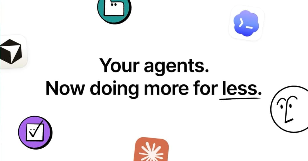 The image presents a collection of six distinct icons, each representing a different app, scattered across a white background. The icons are arranged in a loose circular pattern, with the largest and most prominent icon at the center. The text "Your agents. Now doing more for less." is written in black, positioned cent