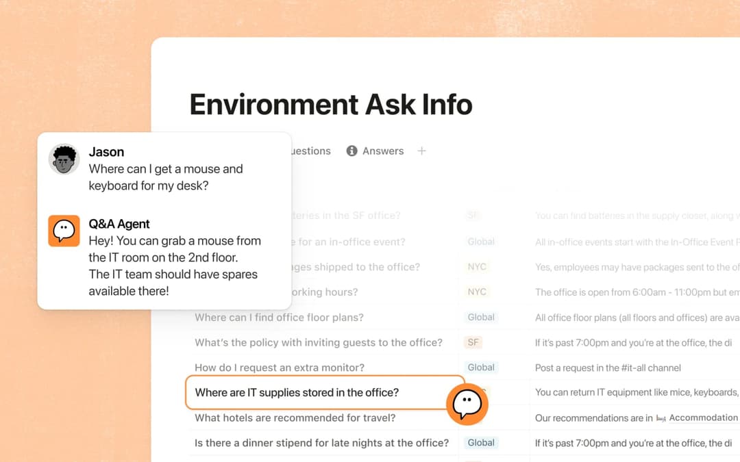 The image shows a screenshot of a chat window from a computer screen. The chat window is titled "Environment Ask Info" and is set against a peach-colored background. The chat interface is primarily white with orange text and icons. The chat conversation is between a Q&A Agent and a user named Jason. The user asks about