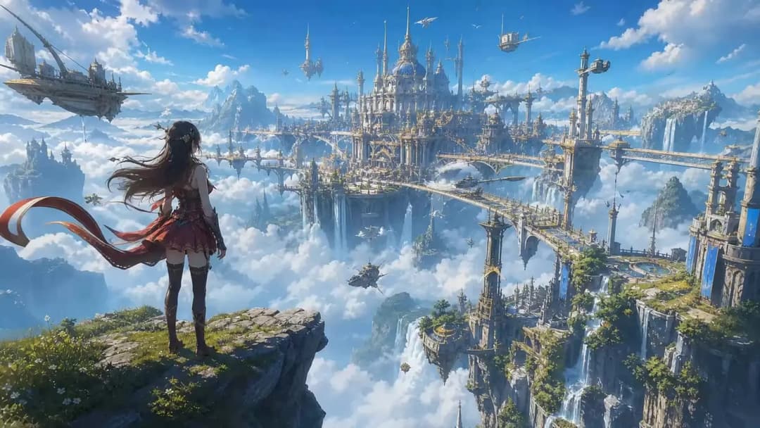 The image depicts a fantastical scene of a castle perched atop a cliff, surrounded by a vast expanse of clouds. The castle, with its golden and blue hues, stands out against the cloudy sky. The perspective is from a low angle, looking up at the castle, giving it a majestic and imposing appearance. The castle is situate