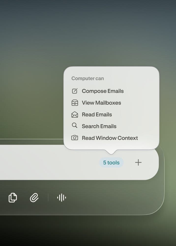 The image shows a computer screen displaying a list of five tools, including Compose Emails, View Mailboxes, Read Emails, Search Emails, and Read Window Context. The list is presented in a light gray box with a dark gray border, and the tools are neatly organized with each tool preceded by a checkmark icon. The list is