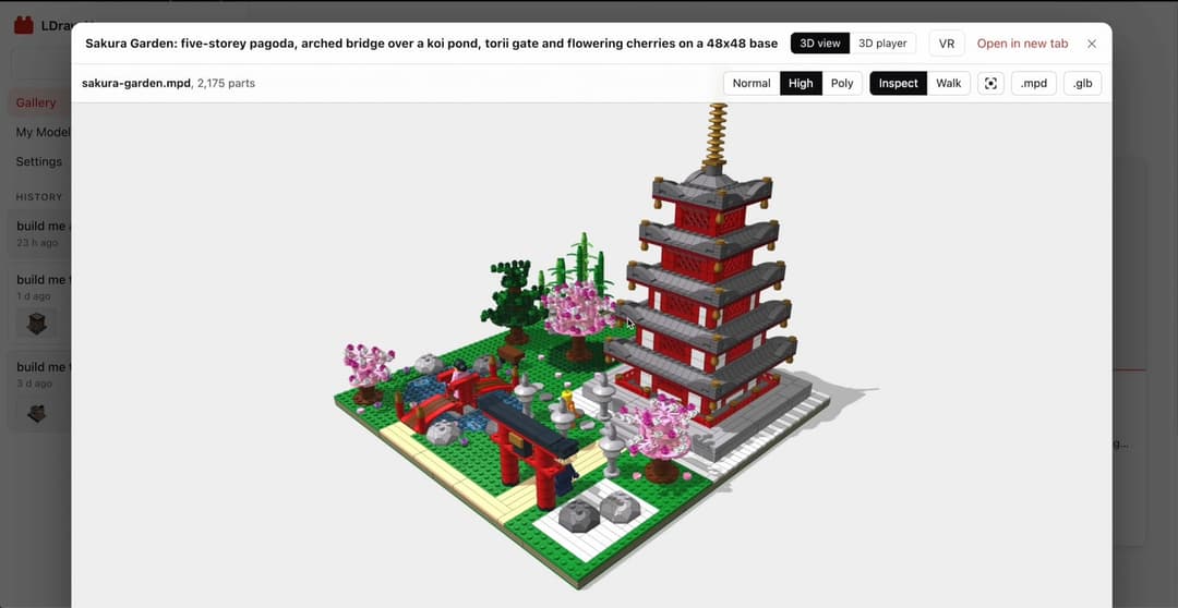 The image presents a 3D model of a traditional Japanese garden, meticulously crafted from Lego bricks. The garden features a pagoda, a bridge, a pond, and a torii gate, all rendered in shades of red, green, and gray. Pink cherry blossoms are scattered throughout the garden, adding a touch of color. The garden is situat
