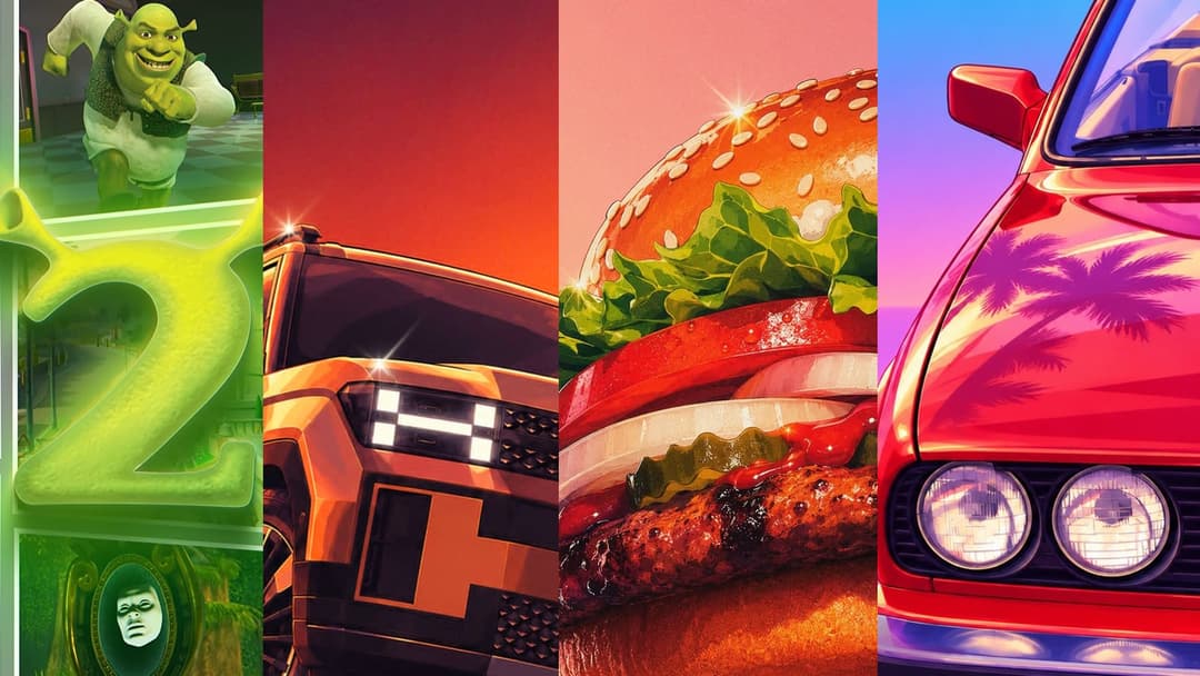 The image is a vibrant collage composed of four distinct sections. The top left section features a green Shrek character in a playful pose, with a number "2" superimposed on the image. The top right section showcases a close-up of a burger with a sesame seed bun, lettuce, tomato, and a patty, set against a pinkish-oran