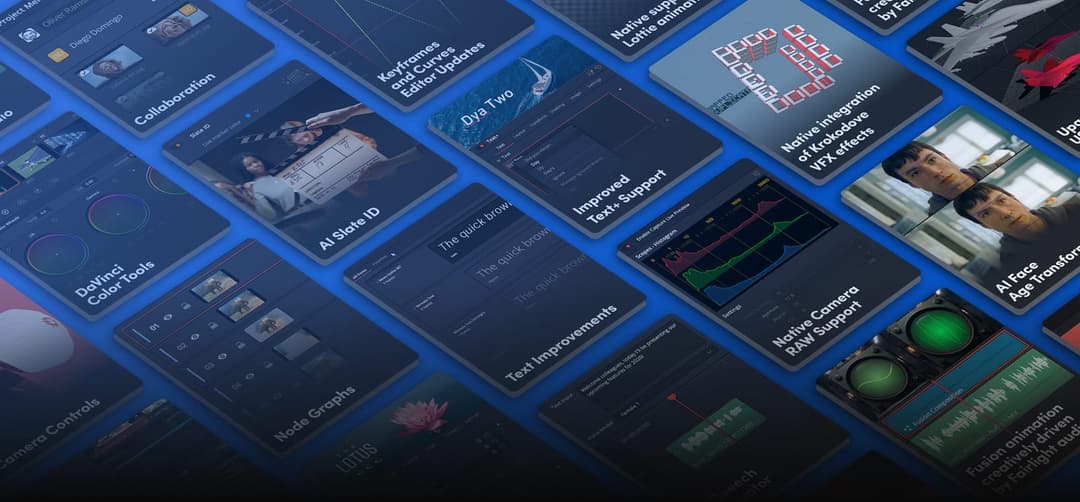 The image presents a collage of nine distinct video editing software applications, each with a unique color scheme and layout, arranged in a 3x3 grid against a blue background. The applications include Adobe Creative Suite, DaVinci Color Tools, Adobe Premiere Pro, Adobe After Effects, Adobe Lightroom, Adobe InDesign, A