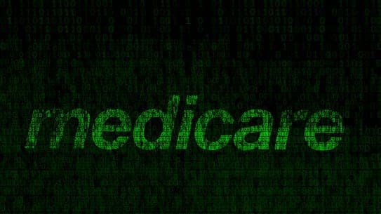 The image presents a striking contrast between the vibrant green of the word "medicare" and the black background. The word is written in a bold, sans-serif font, with each letter filled with a pattern of green dots. The background is a dense array of binary code, primarily consisting of 0s and 1s, creating a sense of d