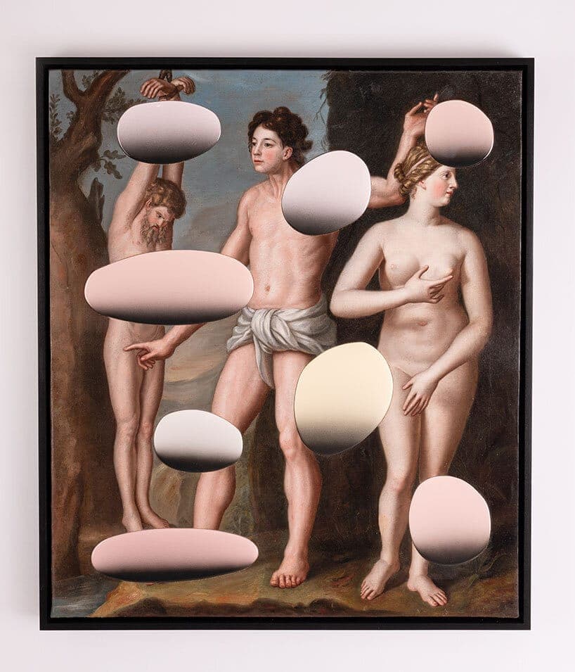 The image presents a surrealistic painting featuring three nude figures, possibly representing Adam, Eve, and the goddess of youth, standing on a rocky outcropping. The figures are depicted in a classical style, with the central figure holding a staff or pole. The background of the painting is a muted blue-gray color,