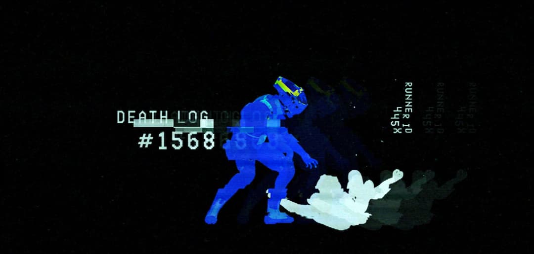 The image depicts a blue figure, possibly a soldier or soldier-like character, in a dynamic pose, possibly running or leaping. The figure is wearing a helmet with a yellow/gold band and is positioned in the center of the image. The background is a stark black, providing a strong contrast to the figure. The image is ove