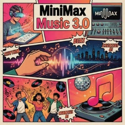 The image is a vibrant comic book-style illustration featuring a central panel with a cityscape backdrop. A hand is interacting with a stylized waveform, suggesting a connection to music. The title "MiniMax Music 3.0" is prominently displayed at the top. The cityscape includes a variety of buildings, and the background