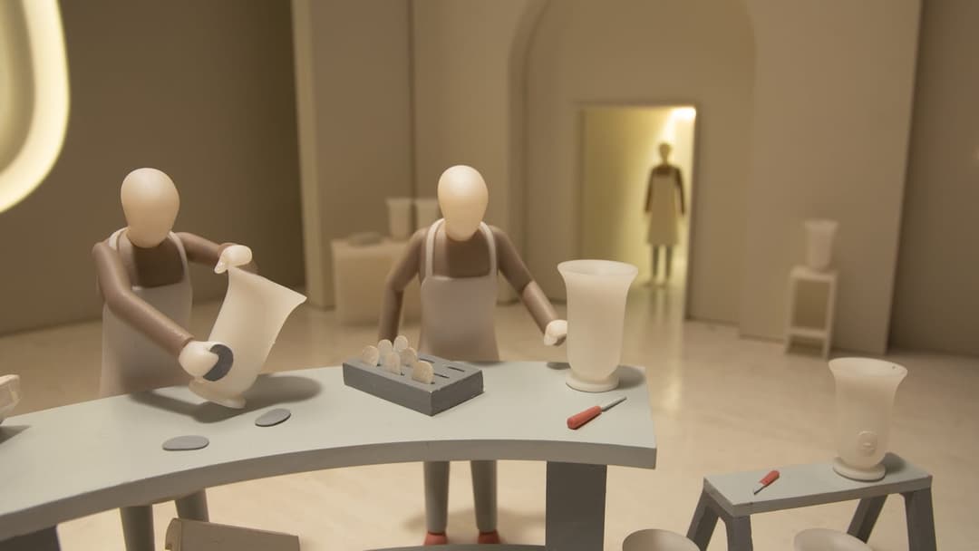 The image depicts a miniature scene, possibly a workshop or studio, with three small, white, humanoid figures engaged in various activities. The figures are arranged in a loose triangular formation, with one figure on the left holding a large, white, cylindrical object, another on the right holding a smaller, white, cy