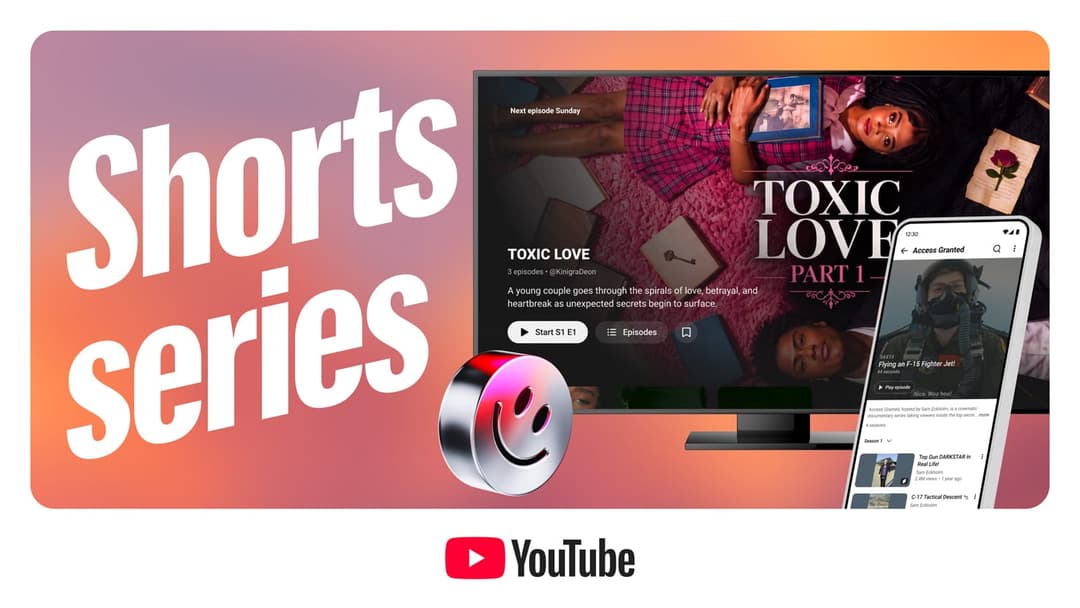 The image is a promotional graphic for the YouTube channel "Shorts Series". The background is a gradient of pink and orange, with the text "Shorts series" in white. The central focus is a television screen displaying the episode "Toxic Love Part 1", which is titled "Toxic Love". The episode features a young couple, Kim