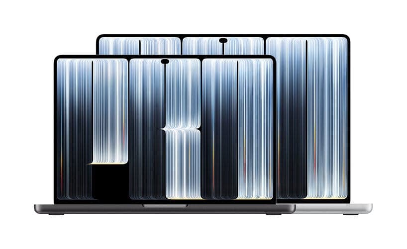 Three MacBook Pro laptops, two space black and one silver, are shown open in a row on a white background, each displaying the same blue-white vertical streak wallpaper. No text is visible.
