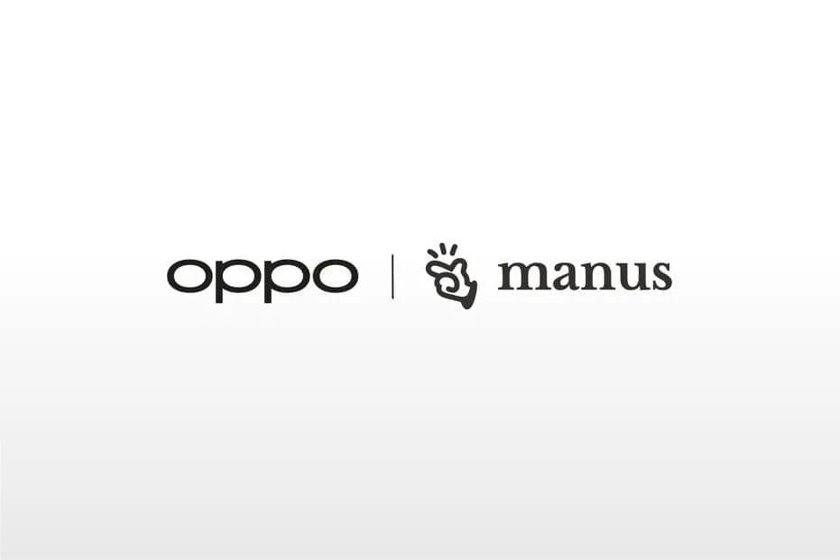 The image presents a logo design featuring the words "oppo" and "manus" in a sans-serif font. The word "oppo" is positioned on the left side of the image, while "manus" is on the right. The logo also incorporates a stylized hand gesture, possibly a thumbs-up, and a small, simple bird or bird-like figure. The entire log