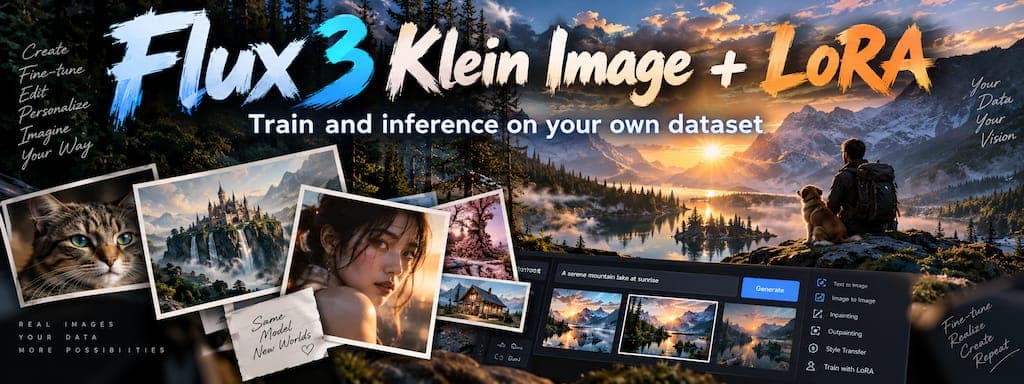The image is a vibrant advertisement for the software "Flux3 Klein Image + LORA". The software is advertised as a tool for creating and editing images, with a focus on realism and fine-tuning. The advertisement features a breathtaking landscape photograph of a serene mountain range at sunrise, with a person and their d