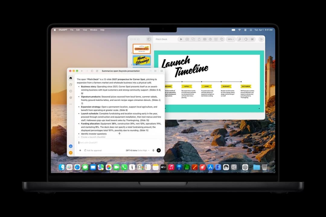 A MacBook screen shows a ChatGPT window titled "Summarize open Keynote presentation" with a bulleted summary of the Pitch Deck. Behind it, a Keynote window displays the "Launch Timeline" slide, and the Dock is visible.