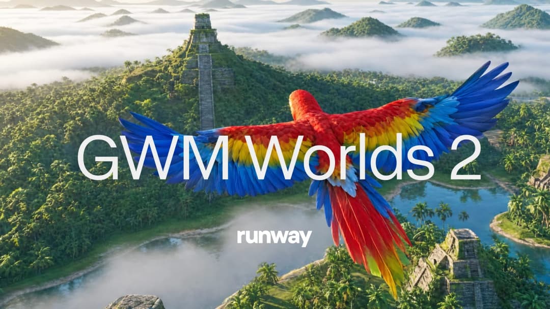 The image depicts a vibrant scene from the video game "GWIM Worlds 2". A large, colorful parrot, with a red body, blue and yellow wings, and a red tail, is captured in mid-flight, soaring above a lush, green landscape. The landscape features a variety of trees and vegetation, with a body of water nestled amidst the gre