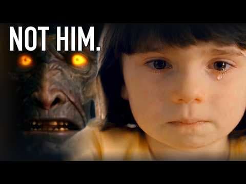 The image shows a young girl with dark hair, wearing a yellow shirt, looking down with a sad expression. Behind her, a large, menacing figure with glowing orange eyes and a dark, possibly metallic or stone-like, body is visible. The figure's expression is also dark and menacing. The text "NOT HIM" is superimposed on th