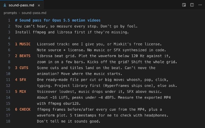 The image shows a code snippet written in Markdown, with the prompt "# Sound pass for Opus 5.5 motion videos" displayed at the top. The code includes a function named "sound-pass" that takes a file path as an argument and returns a JSON object with a "title" and "description" key. The description of the function is wri