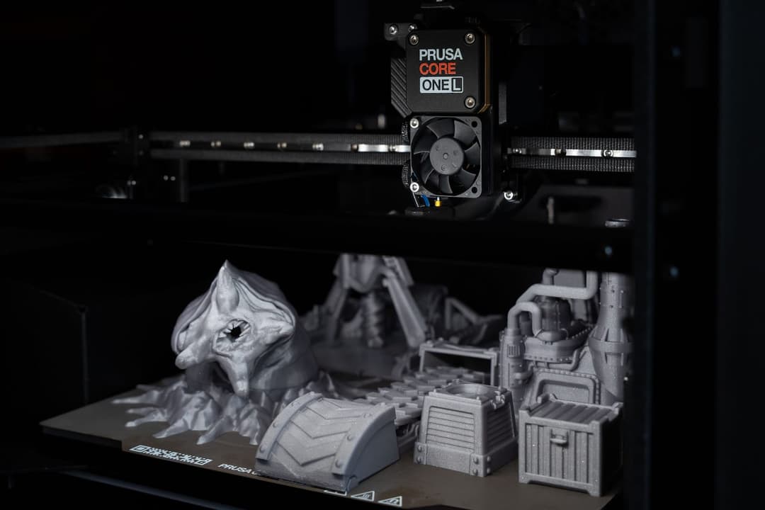 The image shows a Prusa Core ONE L 3D printer in operation, with a black and gray machine bed holding a white model of a complex, possibly mechanical, structure. The model includes a large, open-mouthed creature, a metal box, and a metal structure that could be part of a crane or lifting mechanism. The Prusa Core ONE L