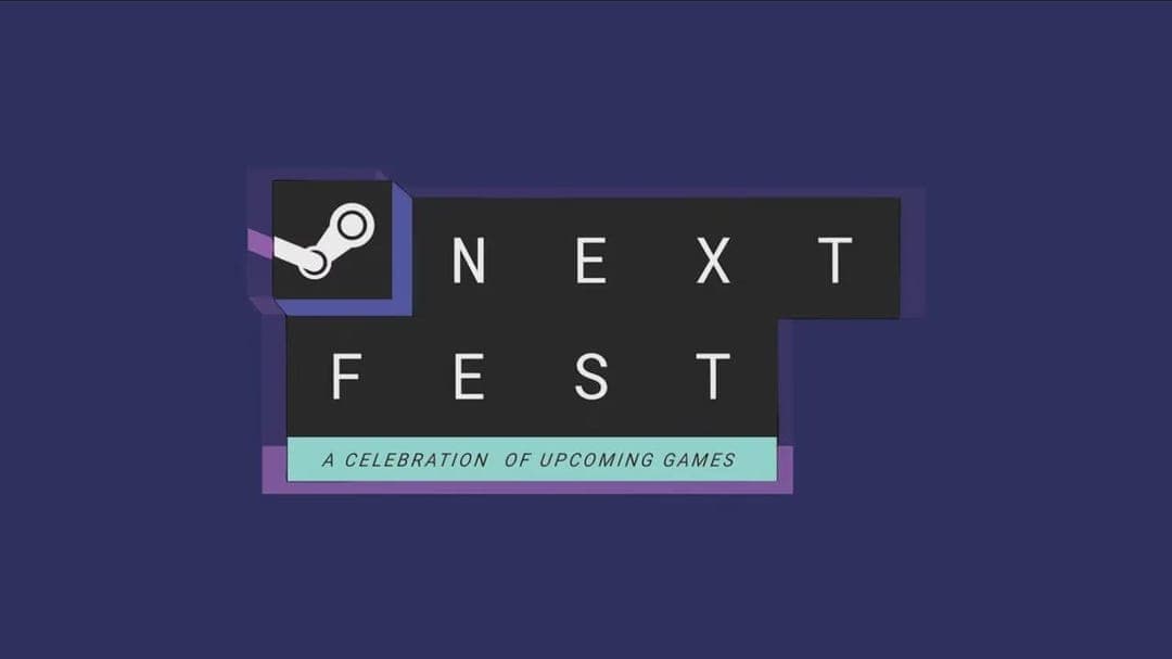 The image presents a logo for a gaming event called "Next Fest". The logo is set against a dark blue background. The word "Next" is displayed in white letters, with a small white steam icon positioned to the left of the "n". The word "Fest" is displayed in white letters, with a small white steam icon positioned to the