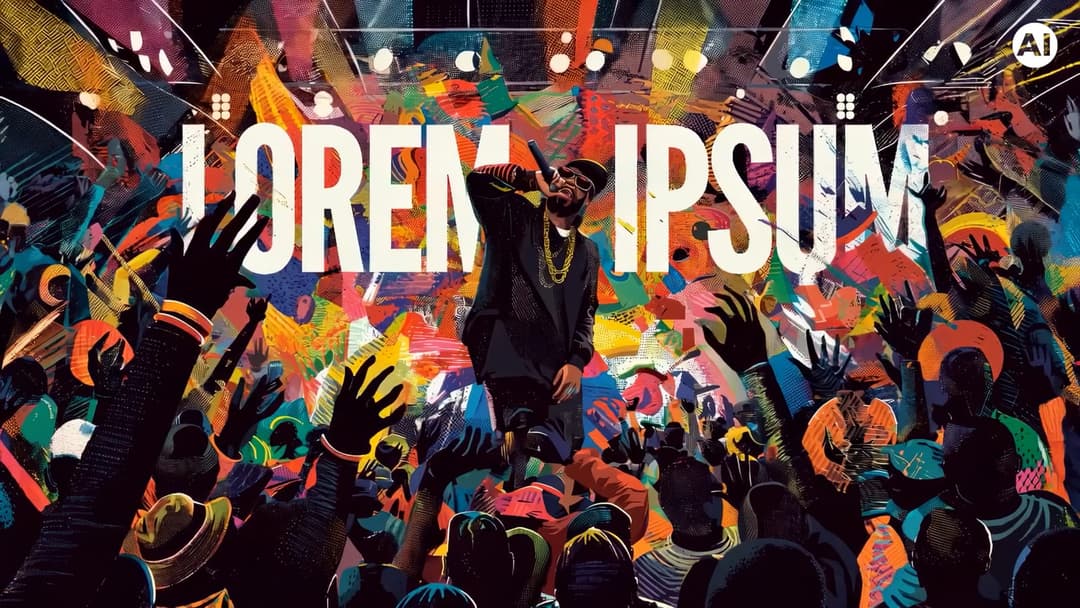 The image depicts a vibrant concert scene with a large crowd of people, many of whom are raising their hands in the air. The stage is a riot of colors, featuring a large "LOREM IPSUM" sign in white letters. The artist, who appears to be a man with a beard and a dark-colored jacket, is holding a microphone and is surrou