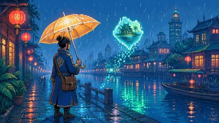 The image depicts a woman standing on a stone walkway, holding a yellow umbrella and wearing a blue coat. She is also carrying a brown bag. The walkway is situated next to a canal, with a traditional Chinese-style building on the right side. The canal is lined with red lanterns, and a boat is visible on the water. In t