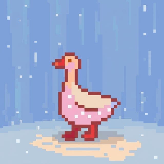 The image presents a pixel art depiction of a duck standing on one leg in a light blue/greyish area. The duck is predominantly pink with a cream/beige underbelly and a red beak. It has a small, light brown/tan patch on its head. The background is a gradient of blue, with white dots scattered across it, giving the impre