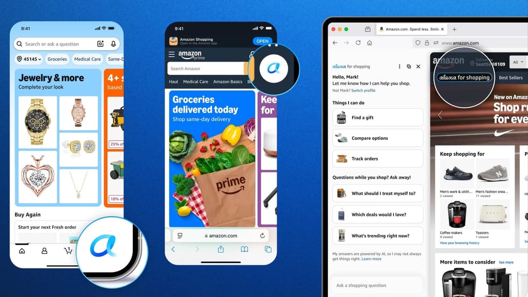The image presents three distinct smartphone screens, each showcasing a different aspect of the Amazon app. The first screen displays the Amazon app, with a search bar and a list of categories like "Jewelry & more" and "Groceries". The second screen shows a prime grocery delivery app, featuring a picture of a bag of pr